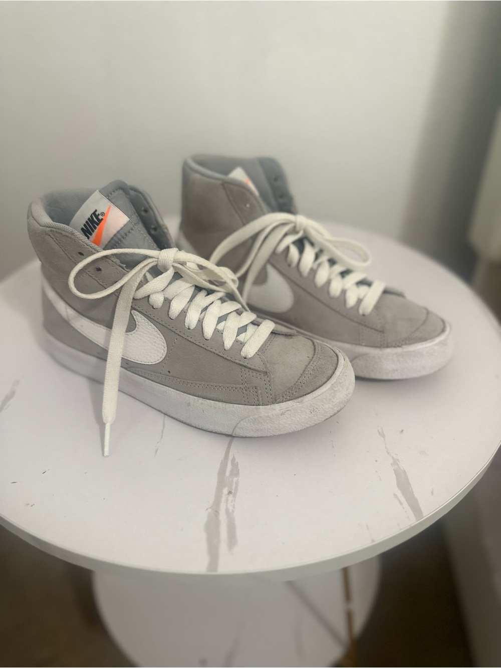 Nike Blazers Gray and White High-Top Sneakers with Orange Tongue Tag